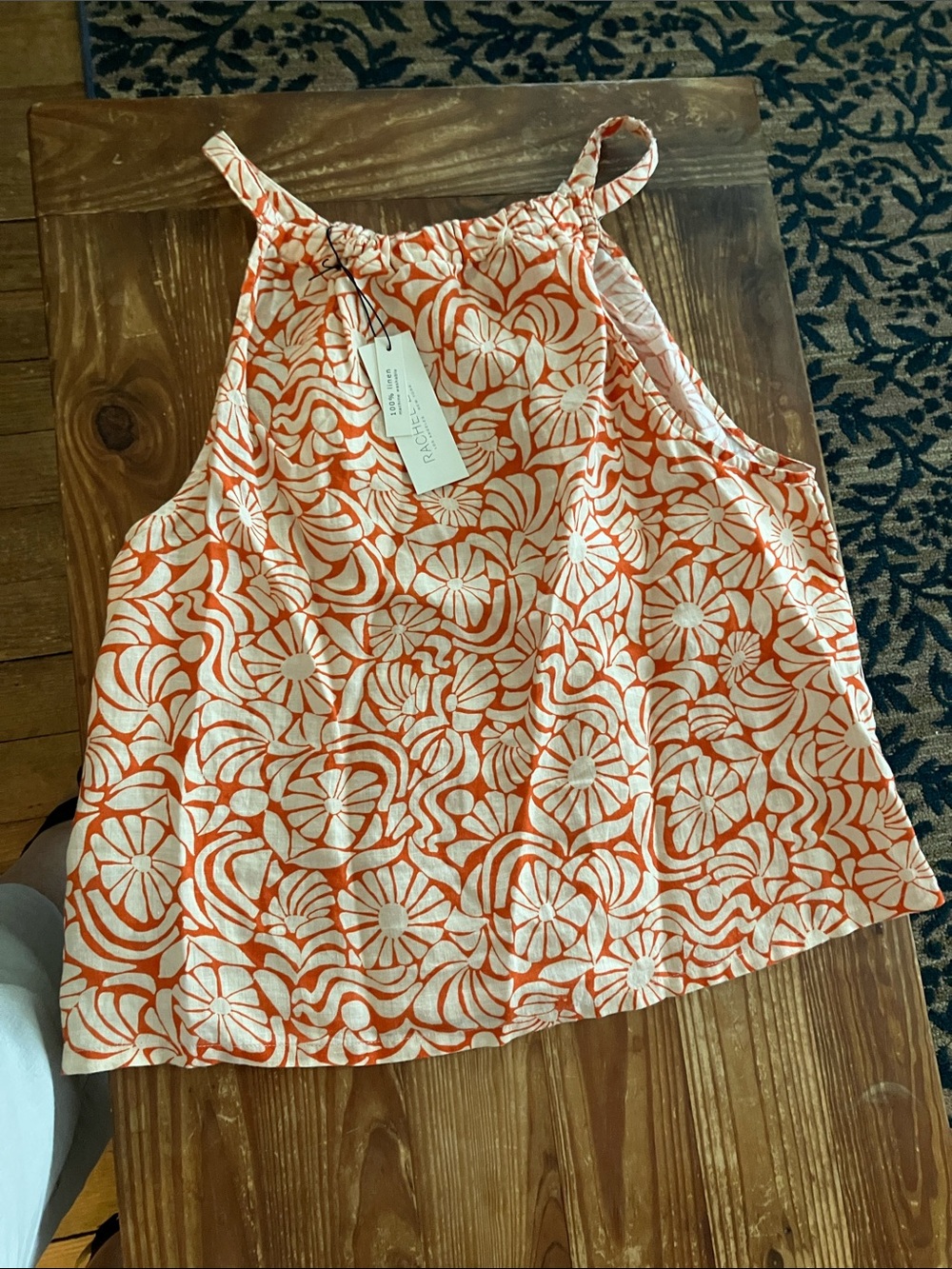 Rachel Comey Orange and Cream Floral Halter Tank